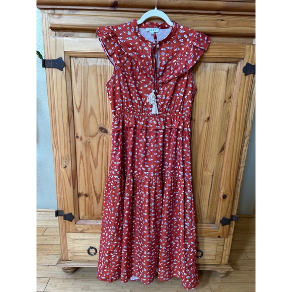 THML Dresses & Skirts - THML Womens Rust Orange Abstract Print Tassel Tie Ruffle Tiered Midi Dress L